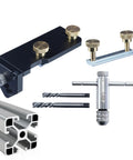Premium Aluminum Extrusion Tap Guide Adjustable Universal Drill Jig For Metalworking with drill bits and clamps.