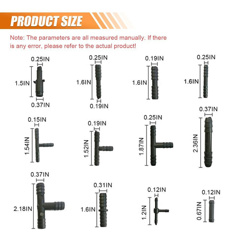 125-piece black nylon automotive vacuum connector set with 12 sizes for barbed hose fittings.