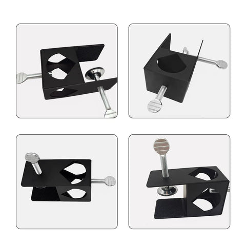 Heavy Duty Deck Torch Clamp Set Black Metal Rail Mounts For Outdoor Torches Universal Porch Rail Clamp Accessory Weatherproof Galvanized Steel Anti Rust Two Pack Fits Railings And Poles For Easy Deck Lighting, showing black metal clamps with screws on a white background.