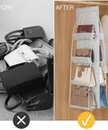 2 Pack Hanging Handbag Organizer for Closet with 8 Pockets Space Saving Purse Storage for Medium Purses and Bags Durable Polyester PVC Washable Wardrobe Organizer Easy to Install Light Gray before and after use