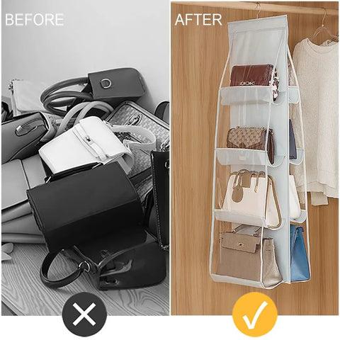 2 Pack Hanging Handbag Organizer for Closet with 8 Pockets Space Saving Purse Storage for Medium Purses and Bags Durable Polyester PVC Washable Wardrobe Organizer Easy to Install Light Gray before and after use