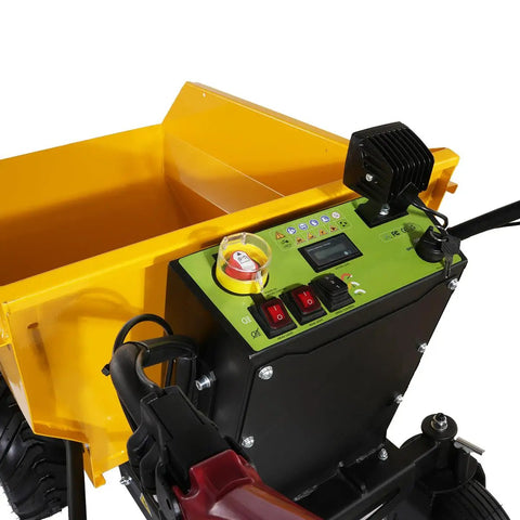 Electric Mini Dumper 1100Lbs Capacity Wheel Barrow With 48V Brushless Motor control panel and yellow dump body from top view.