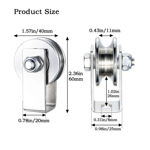 40mm Cable Pulley Wheel With Dual 608 Bearings For Smooth Rope Pulley System In Gyms Or DIY Projects, Clothesline Setup And More, Heavy Duty Pulley Wheel Pack Of Two For Reliable Quiet Performance. size chart showing 40mm steel pulley wheel