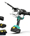 Heavy Duty 21V Cordless Cable Puller With Rock Solid 6 Wheel Drive And 300 Pound Pulling Capacity Brushless Wire Threading Machine viewed with batteries and carrying bag.