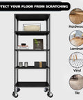 Metal shelving unit on steel caster wheels for hardwood, laminate, vinyl, and tile floors, showcasing protective features.