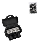 Hella Reliable 15 Pack 3 Port Screw Terminal Aluminum To Copper Wire Connectors With Oxide Inhibitor For Quick House Wiring Upgrades And Easy Junction Box Hook Ups Black Bulk Kit in a black case.