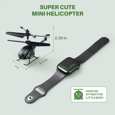 Palm Sized Mini RC Helicopter With Gyro Stabilizer And Altitude Hold For Indoor Flight next to a smartwatch for size comparison.