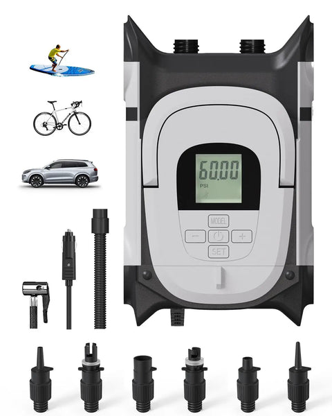 All-In-One Electric Inflation Pump For Inflatable SUP Kayak Boat Air Mattress and More, 12V DC dual stage, LCD display, nozzles