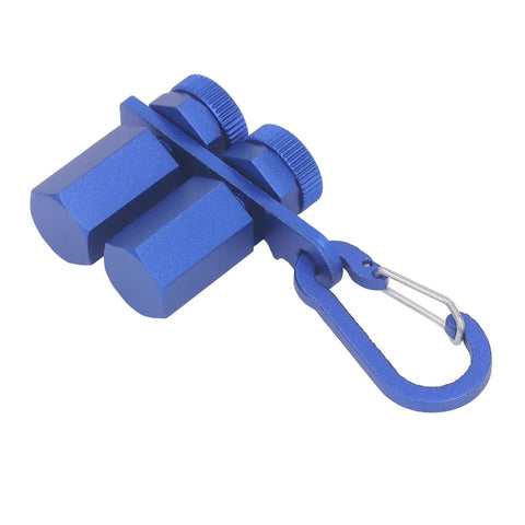 Dead Straight Stair Gauge For Framing Squares With Grip Tight Thumb Screws And Heavy Duty Aluminum Rafter Layout Clamp in blue color.