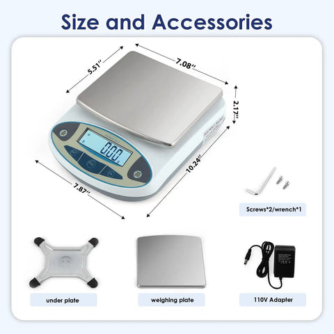 Illustration of Ultra Accurate 0.01g Lab Digital Scale with 5000g capacity showing components and size dimensions.