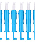 Six blue and white Hicarer automatic needle threaders for sewing machines, durable threading aid for quick needle change.