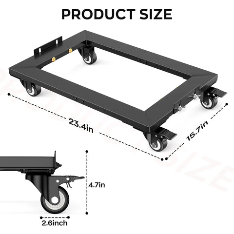 Built Like A Tank Heavy Duty Furniture Dolly With Lift Table Baffles And Locking Brakes Reinforced Steel Moving Cart dimensions showing 23.4in x 15.7in x 4.7in.