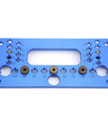 Dead Simple Precision Woodworking Jig Hole Opener Puncher Aluminum Alloy Locator Tool showing blue anodized alignment holes for cabinet making.