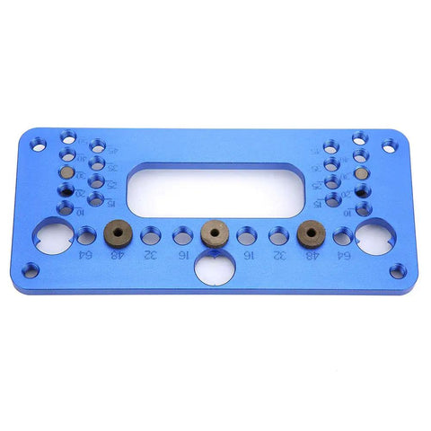 Dead Simple Precision Woodworking Jig Hole Opener Puncher Aluminum Alloy Locator Tool showing blue anodized alignment holes for cabinet making.