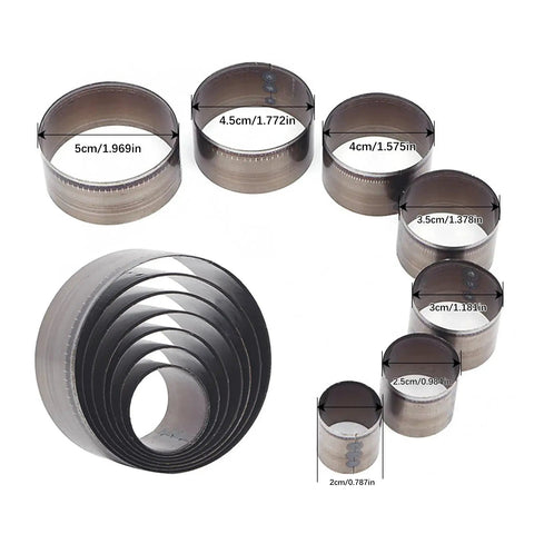 Round Leather Cutting Circle Cutter Tool Set with Pro Grade High Carbon Steel Blades for precise belt hole sizing, 7 sizes shown.