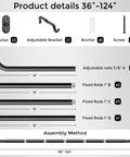 Assembly details for Wrap Around Blackout Curtain Rod For Windows 36 To 120 Inches, with components and adjustable rods shown.