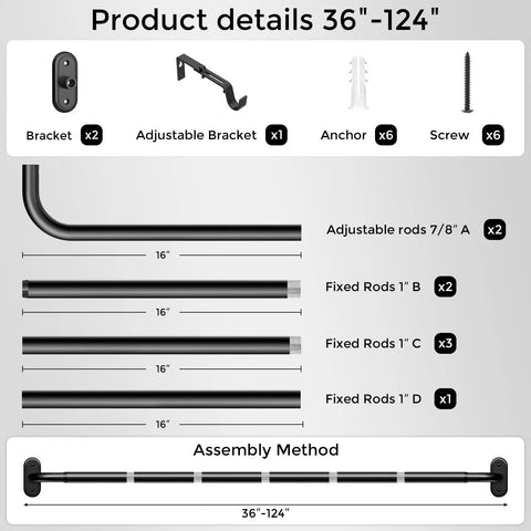 Assembly details for Wrap Around Blackout Curtain Rod For Windows 36 To 120 Inches, with components and adjustable rods shown.