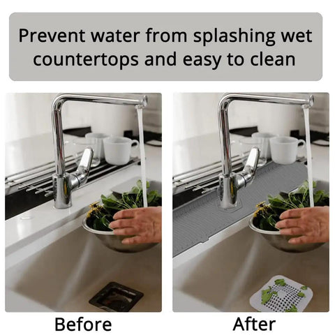 24 Inch Silicone Faucet Splash Guard Mat with Drip Catcher Tray and 2 Pack Drain Hair Catchers in kitchen sink setup before and after use