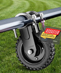 Heavy Duty Gate Wheel For Metal Gates And Fences, Eight Inch Gate Caster Fits One And A Quarter To Two And A Quarter Inch Outer Diameter, Anti Slip Rubber Tread, Galvanized Wheel Surface For Corrosion Resistance, 550 Lb Capacity, Black, One Pack installed on a metal gate.