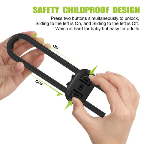 Hands demonstrating Six Pack Adjustable U Shaped Child Safety Cabinet Locks for Closets Knobs and Cabinets Baby Proof Cabinet Latches