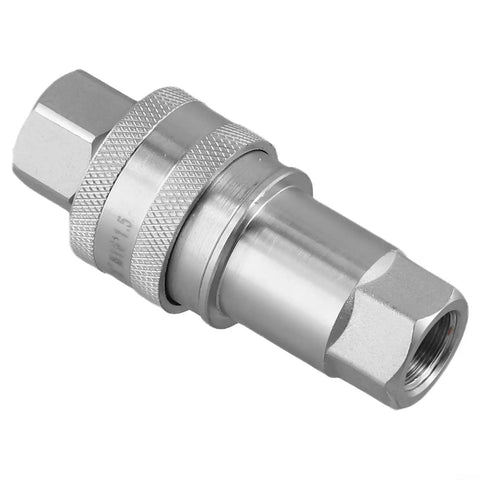 Top Tier Heavy Duty Hydraulic Quick Connect Coupler M16x1.5 Female Thread Fitting Carbon Steel High Pressure Auto Lock Seal Slick Push Mechanism No Leak Boss For Rigged Up Jobsite Equipment And Tool Accessories Made To Last Durability, angled view