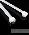 Close-up of 15 inch zip ties white 100 pack outdoor UV resistant nylon cable ties with thickened buckle on black background