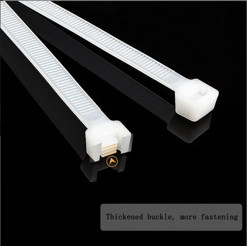 Close-up of 15 inch zip ties white 100 pack outdoor UV resistant nylon cable ties with thickened buckle on black background