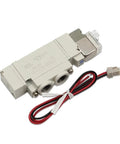 Top Tier SY5120 Pneumatic Solenoid Valve High Performance Industrial Grade 24V DC Actuator For Hydraulic Systems Heavy Duty Replacement Part Perfect Fit Machine Repair, grey body with dual ports and wires.