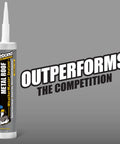 WeatherMaster Metal Roof Sealant 9.5 Oz Cartridge shown with bold text 'Outperforms the Competition' on a gray background.