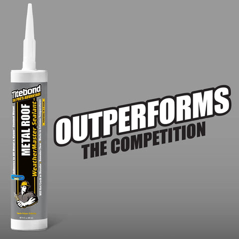 WeatherMaster Metal Roof Sealant 9.5 Oz Cartridge shown with bold text 'Outperforms the Competition' on a gray background.