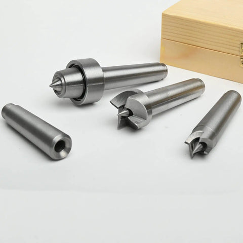 Wood Lathe Drive Center Set Four Piece With Live Tailstock Cup And Point Center And Dead Headstock Spur Centers for spindles.