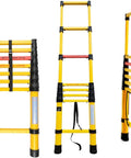 Beefed Up Non Conductive Fiberglass Telescoping Ladder For Electrical Work Extendable Step Ladder With Secure Hooks Rated At Three Hundred Pounds, shown in three positions.