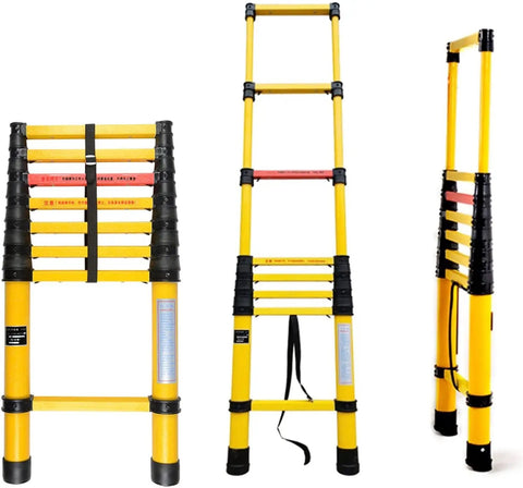 Beefed Up Non Conductive Fiberglass Telescoping Ladder For Electrical Work Extendable Step Ladder With Secure Hooks Rated At Three Hundred Pounds, shown in three positions.
