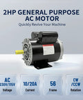 Heavy Duty 2 Horsepower 60 Gallon Air Compressor Electric Motor visible from the side with a black casing and yellow shaft.