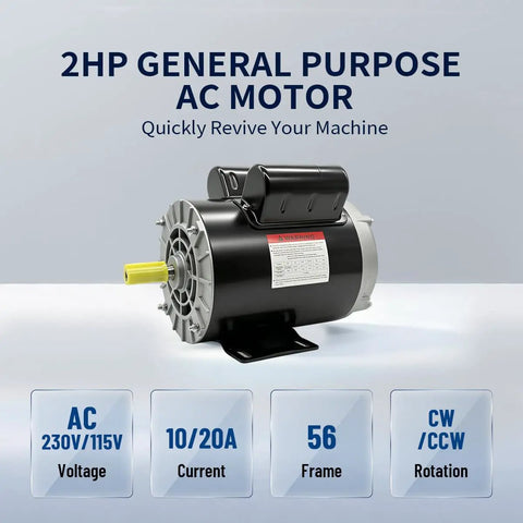 Heavy Duty 2 Horsepower 60 Gallon Air Compressor Electric Motor visible from the side with a black casing and yellow shaft.