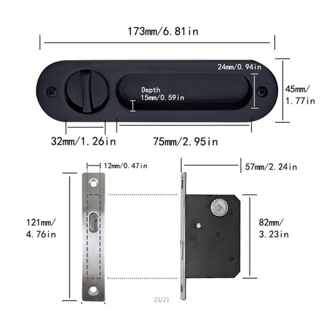 Diagram of 6.8 Inch Privacy Pocket Door Lock Hardware With Key Sliding Pocket Door Handle, showing dimensions and parts.