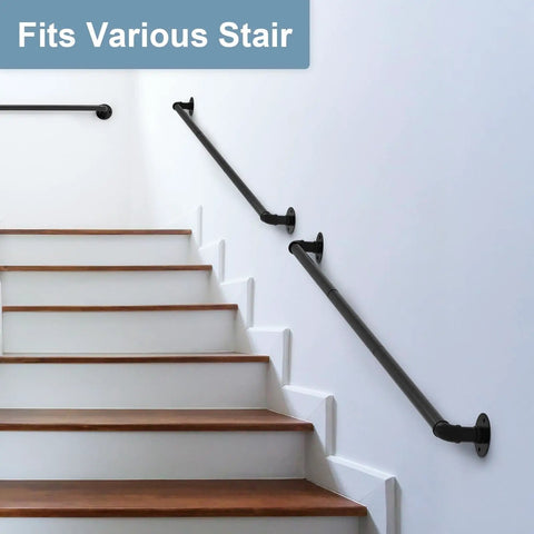 Heavy Duty Black Powder Coated Pipe Stair Handrail Six Foot Wall Mounted Corner Railing For Indoor Steps Loft Balcony Or Porch Deck With Rock Solid Grip And Tough As Nails Frame on staircase