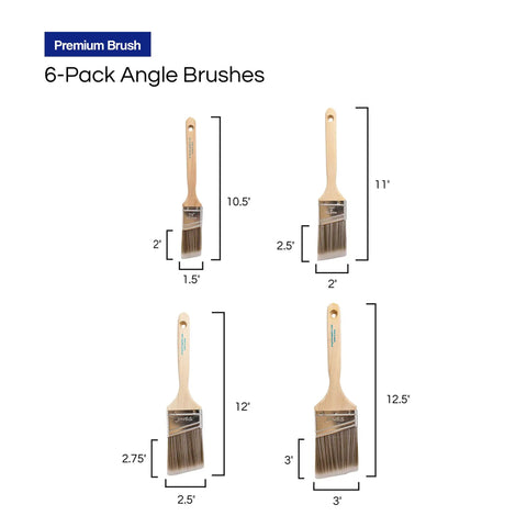 Six Pack Angle Paint Brushes for Trim and Walls with Premium Synthetic Filament 6-pack includes 1.5 to 3 inch brushes.