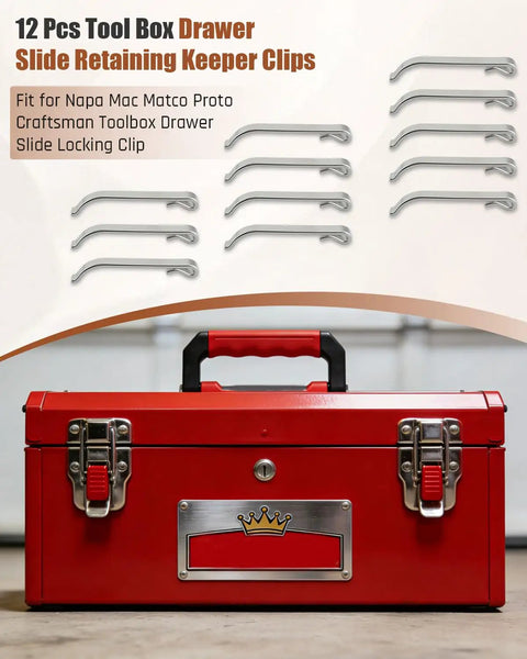 12 Pcs Drawer Slide Retaining Clips For Tool Boxes Fits Popular Toolbox Brands And Vintage Chests Heavy Duty Spring Steel Locking Clips To Get Your Old Drawer Sliders Back In Action Yo displayed with red toolbox