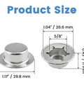 Heavy Duty Push Nut Cap Set For Five Eighths Inch Axles, Built Tough With Spring Steel Permanent Washer Caps, size dimensions displayed