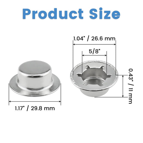 Heavy Duty Push Nut Cap Set For Five Eighths Inch Axles, Built Tough With Spring Steel Permanent Washer Caps, size dimensions displayed