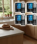 Heavy Duty Water Based Concrete Countertop Sealer With Slick Matte Finish And Food Safe Shield In A Tough Four Pack Kit displayed in a kitchen.