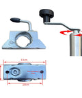 Heavy Duty Swivel Trailer Jack Wheel With Foldable 48mm Stand And Rustproof Galvanized Finish For Off Road Trailers and Beach Rigs No Sweat Pipe Clamp Setup - detailed view of the clamp and handle.