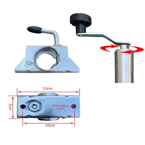 Heavy Duty Swivel Trailer Jack Wheel With Foldable 48mm Stand And Rustproof Galvanized Finish For Off Road Trailers and Beach Rigs No Sweat Pipe Clamp Setup - detailed view of the clamp and handle.