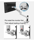 Heavy Duty Aluminum Wall Mount Monitor Arm For 17 To 27 Inch Displays showing installation and spring adjustment steps.