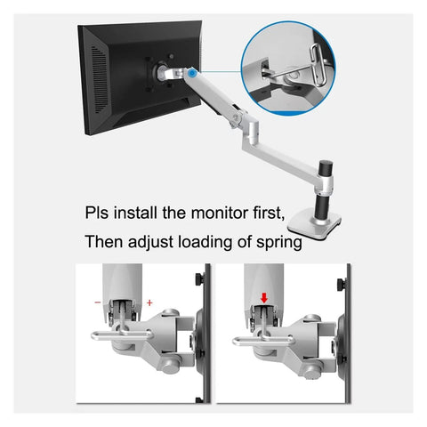 Heavy Duty Aluminum Wall Mount Monitor Arm For 17 To 27 Inch Displays showing installation and spring adjustment steps.