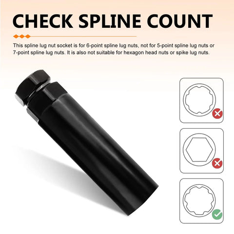 Beefy 6 Spline Lug Nut Socket for Aftermarket Wheels, displayed with spline compatibility check graphics