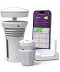 Smart Weather Station With Built In Wind Meter, Rain Gauge, And Hyper Local Forecasts shown with smartphone app display