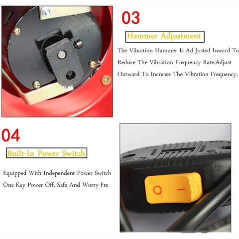 Vibrating Polisher For Home Or Shop Use Pro Grade Electric Polisher showing hammer adjustment and built-in power switch details