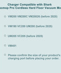 Text listing compatible Shark Vacmop models for charger, including VM200, VM190, VC20026, UM200, UM205, VC205, before 2025